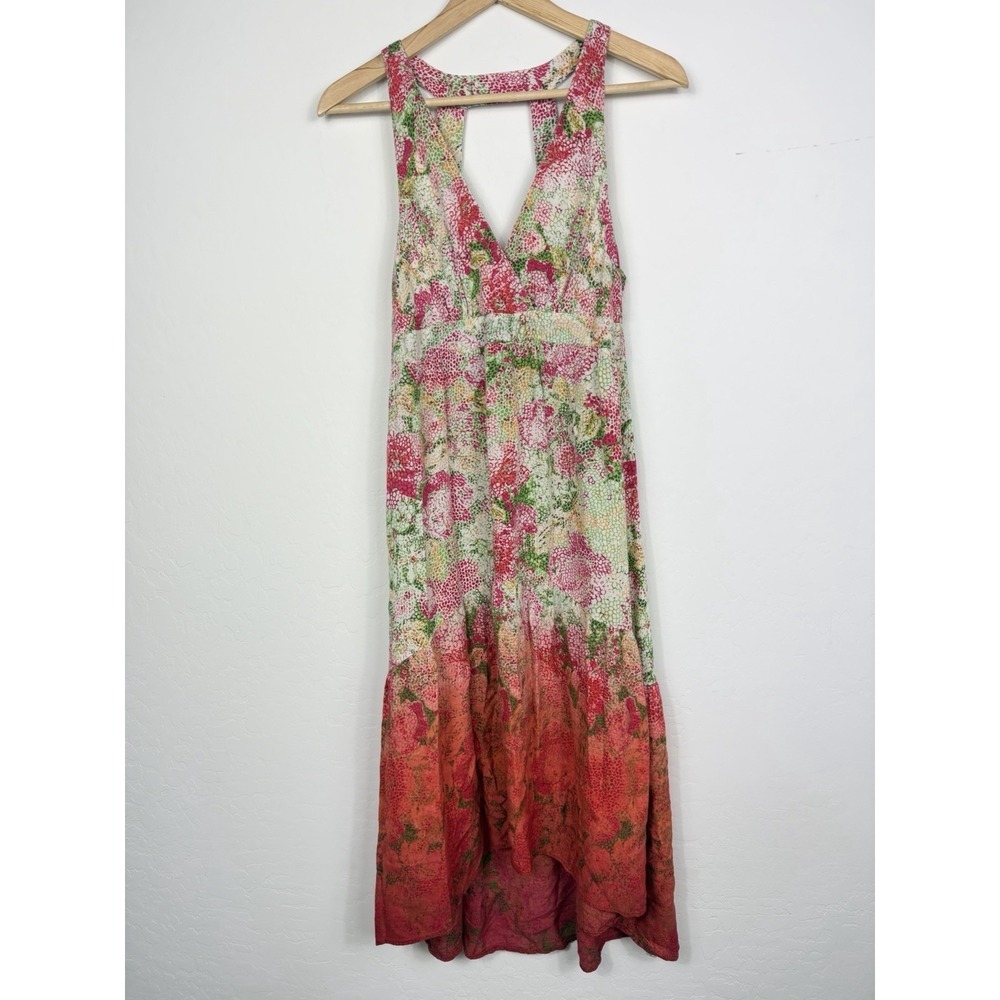 Angie Floral Maxi Dress Women M Pink Green Boho Empire Waist Sleeveless FLAWED